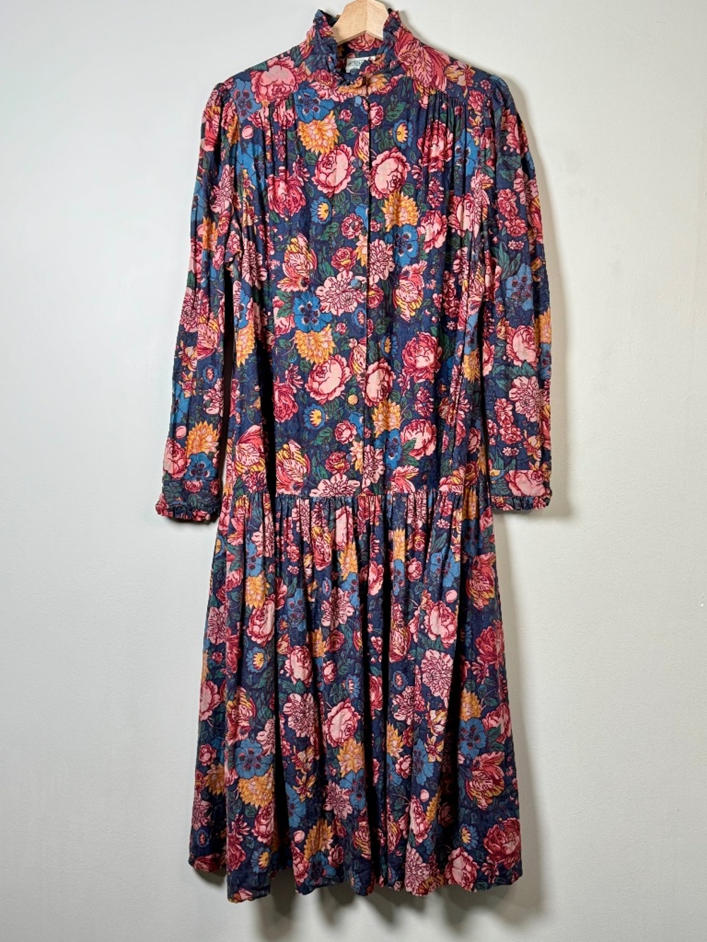 Vintage 80s Laura Ashley Navy Floral Maxi Dress Made in USA Sz L (12-14)